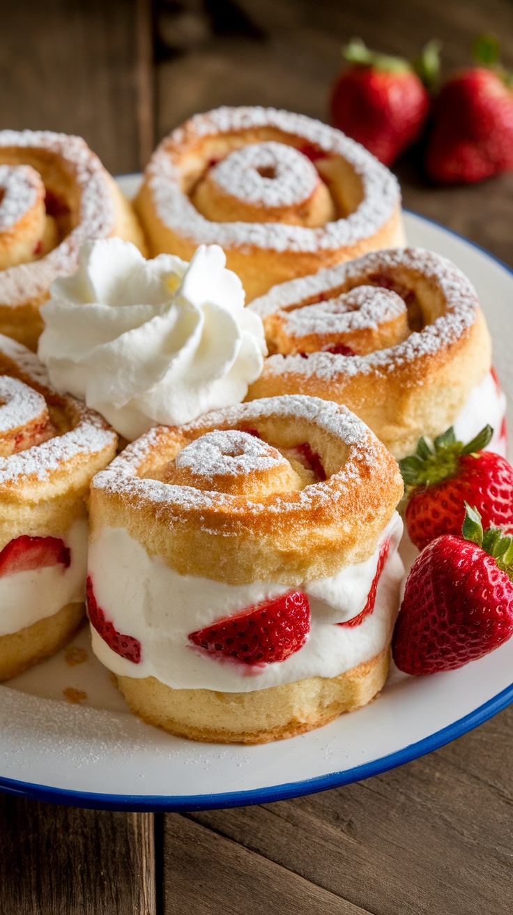 Strawberry shortcake cheesecake rolls on a plate, garnished with whipped cream and strawberries.